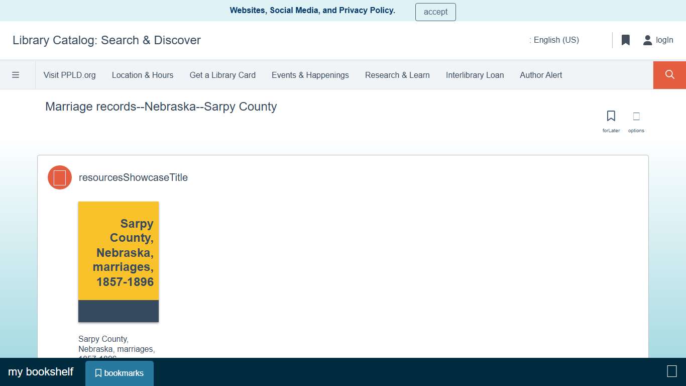 Marriage records--Nebraska--Sarpy County | Library Catalog: Search & Discover